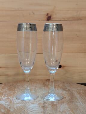 J Preziosi Italy Crystal Champagne Flute Pair - Greek Key Platinum Rim - 1970s